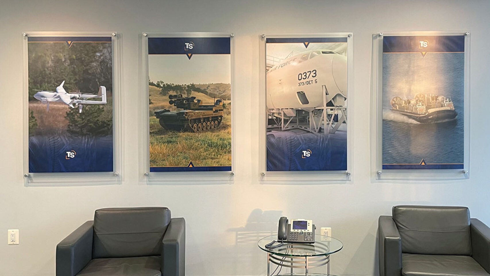 Framed corporate lobby graphics.