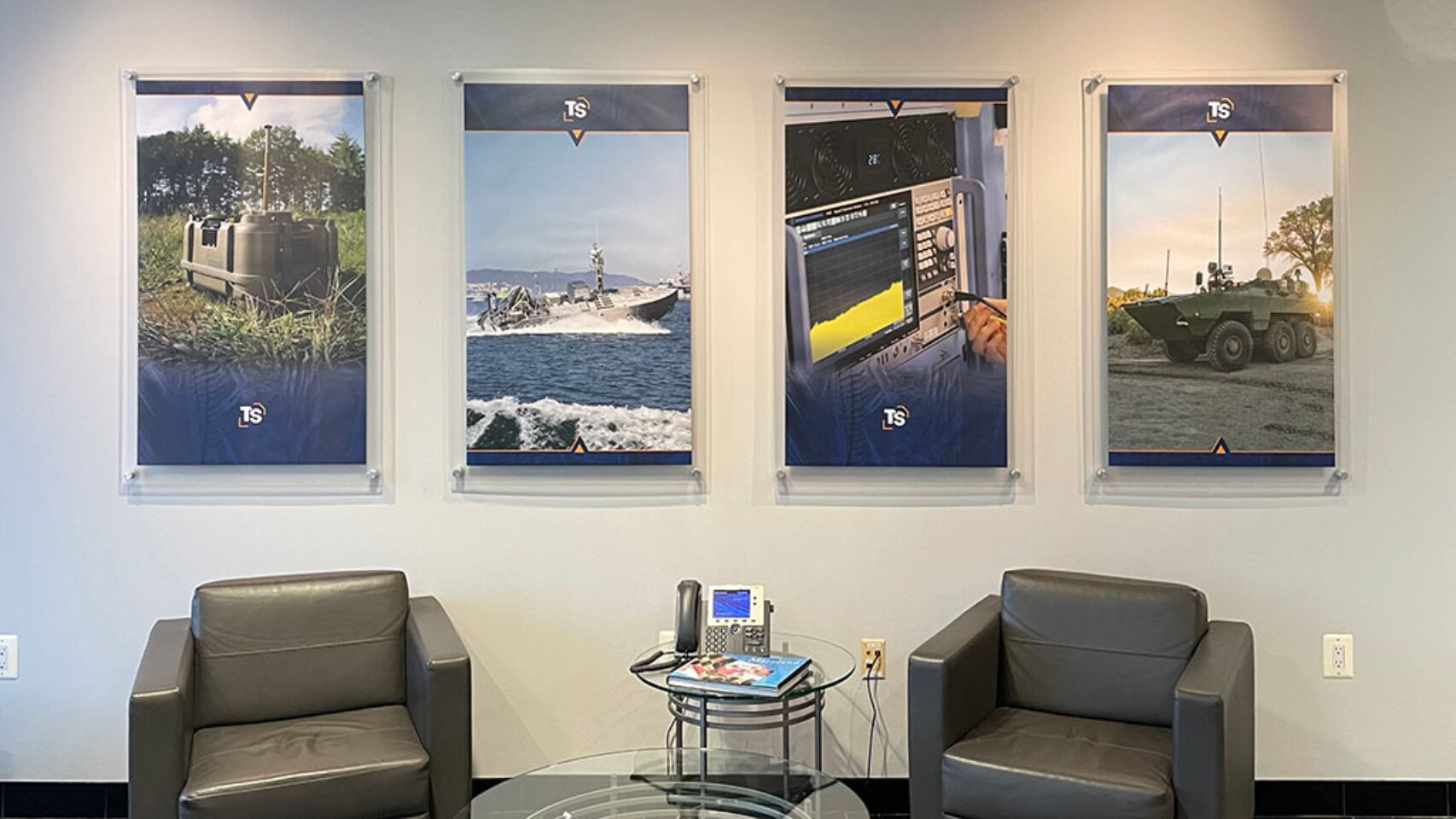 Framed corporate lobby graphics.