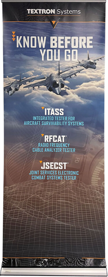 Pull-up banners used on-site at trade shows highlighting electronic systems capabilities.